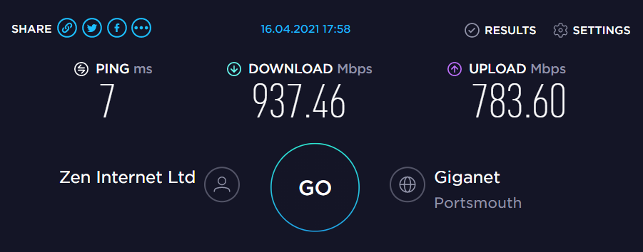 Zen &ldquo;Full Fibre 900 Plus&rdquo; speed test