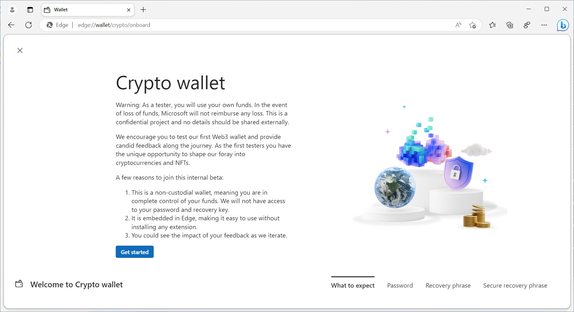 Crypto wallet welcome screen for internal testers