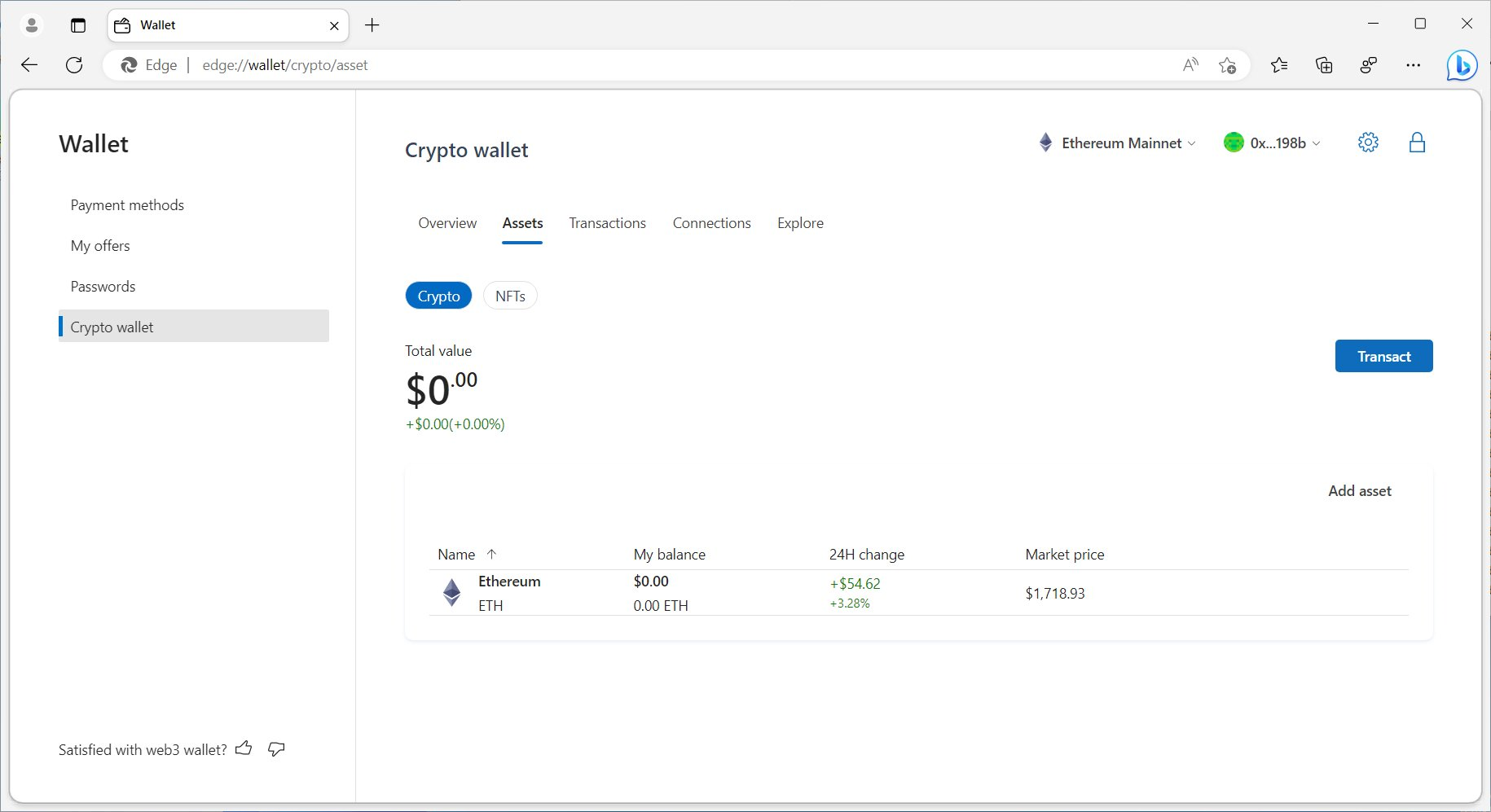 Crypto wallet screen showing available balances, definitely supports Ethereum mainnet