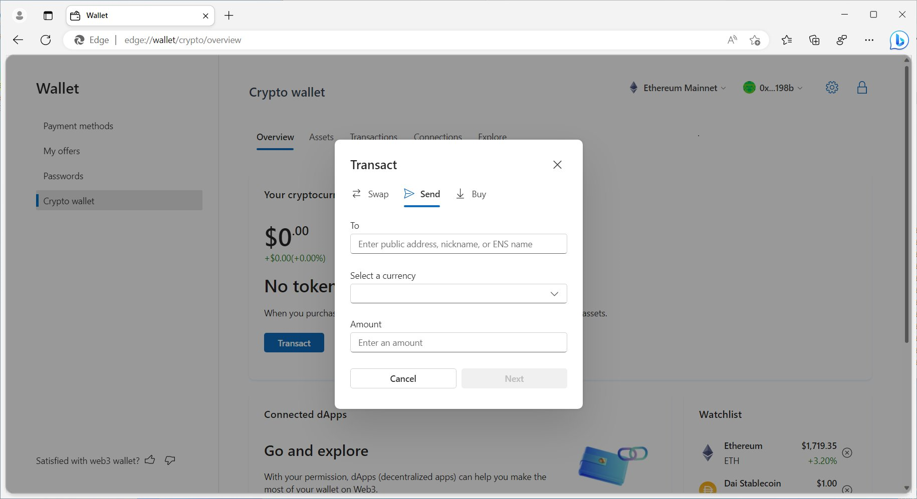 Crypto wallet transaction UI