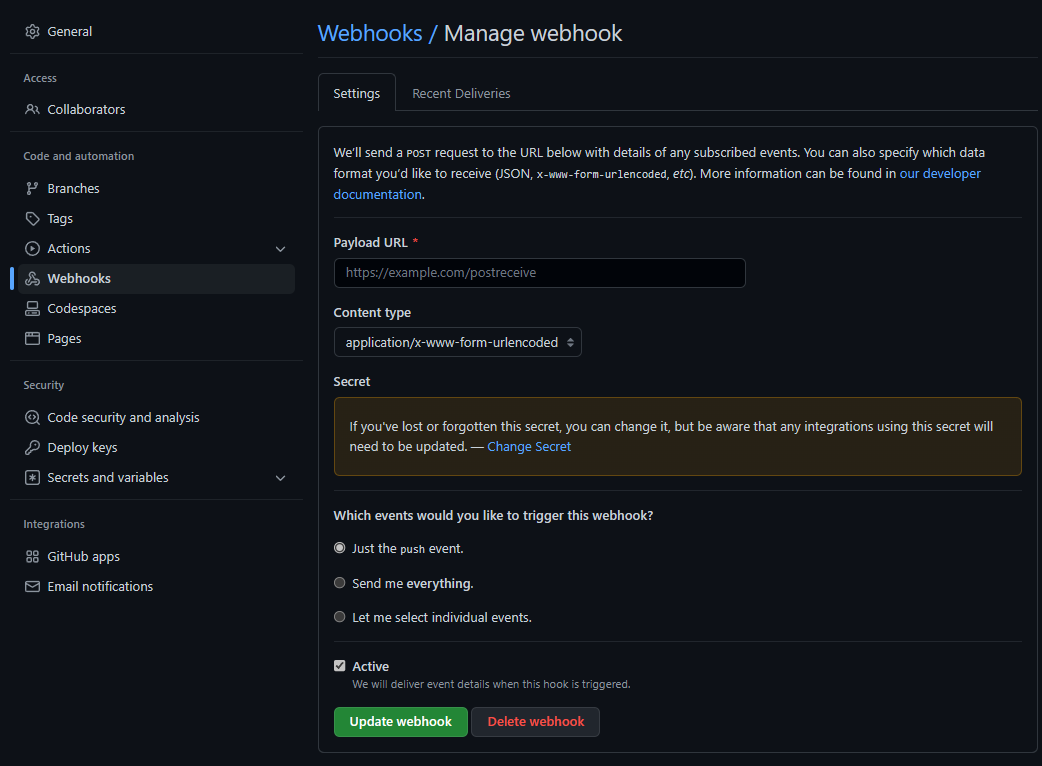 Github webhook settings page