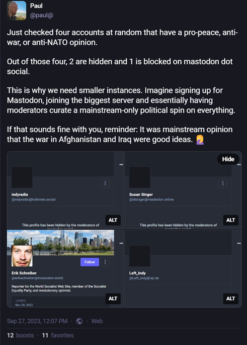 Four accounts checked at random on mastodon dot social, 75% banned or hidden