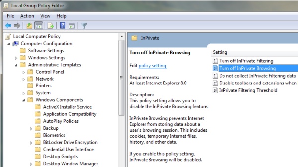 Group Policy Editor showing how to disable InPrivate