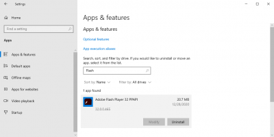 Installed apps showing Adobe Flash
