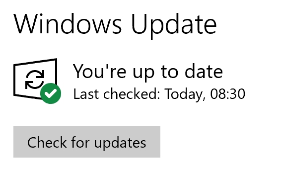 Windows Update, showing no available updates