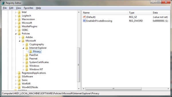 Registry Editor showing how to disable InPrivate Browsing