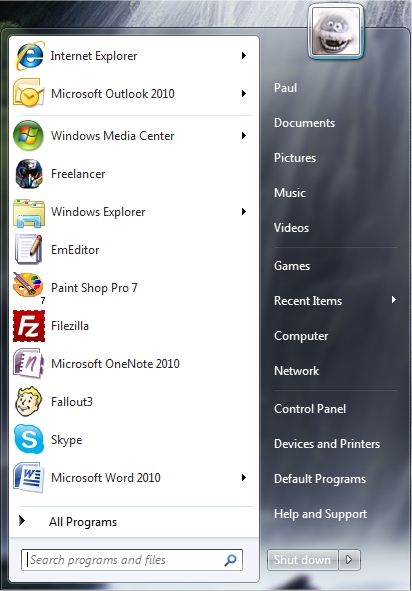 Windows 7 Start menu, with Recent Items